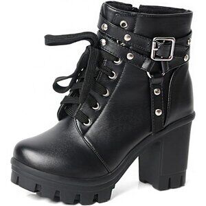 Meotina Women Chunky Black Microfiber High Heel Rivets Platform Ankle Booties